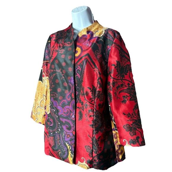 CHICO'S Jacket Size 2 Large Multicolor Tapestry Print Open Cardigan Blazer - Picture 11 of 14